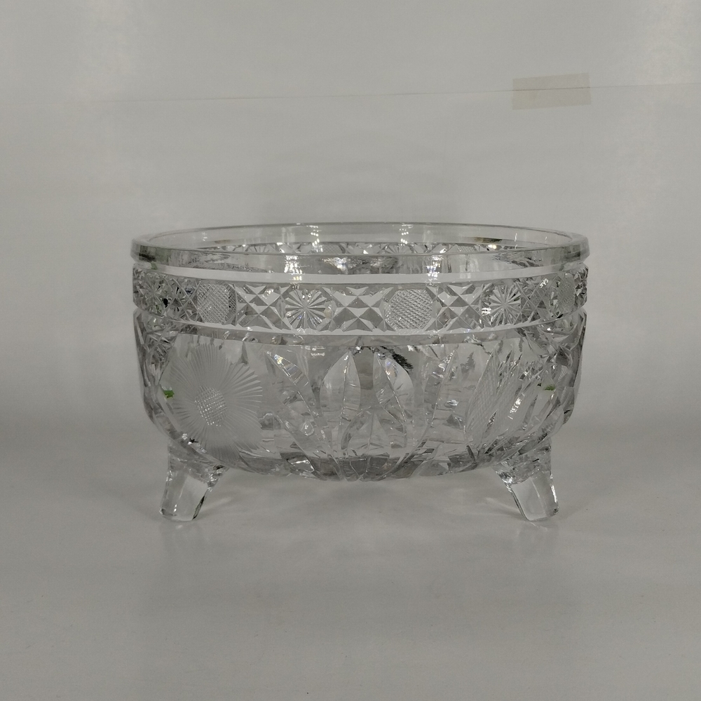 Vintage Clear Crystal Three Footed Bowl 8" Diameter and 4.5" High Floral Design